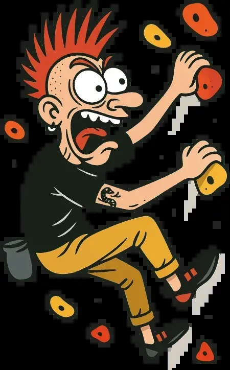 Ilustración promocional de la Urban Boulder Liga 2025: escalador punk en el muro