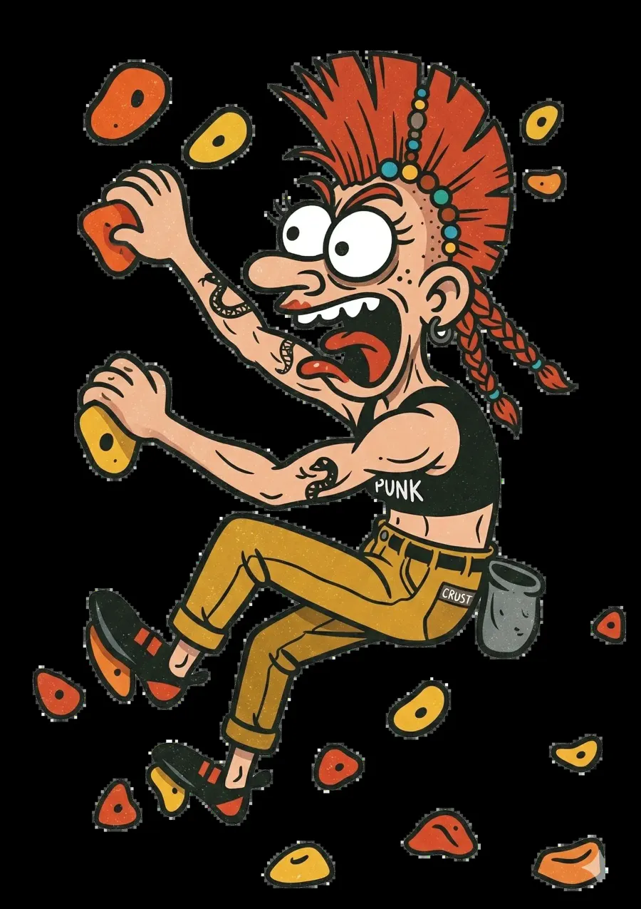Ilustración oficial de la Liga Urban Boulder 2026: escaladora punk colgada de las presas